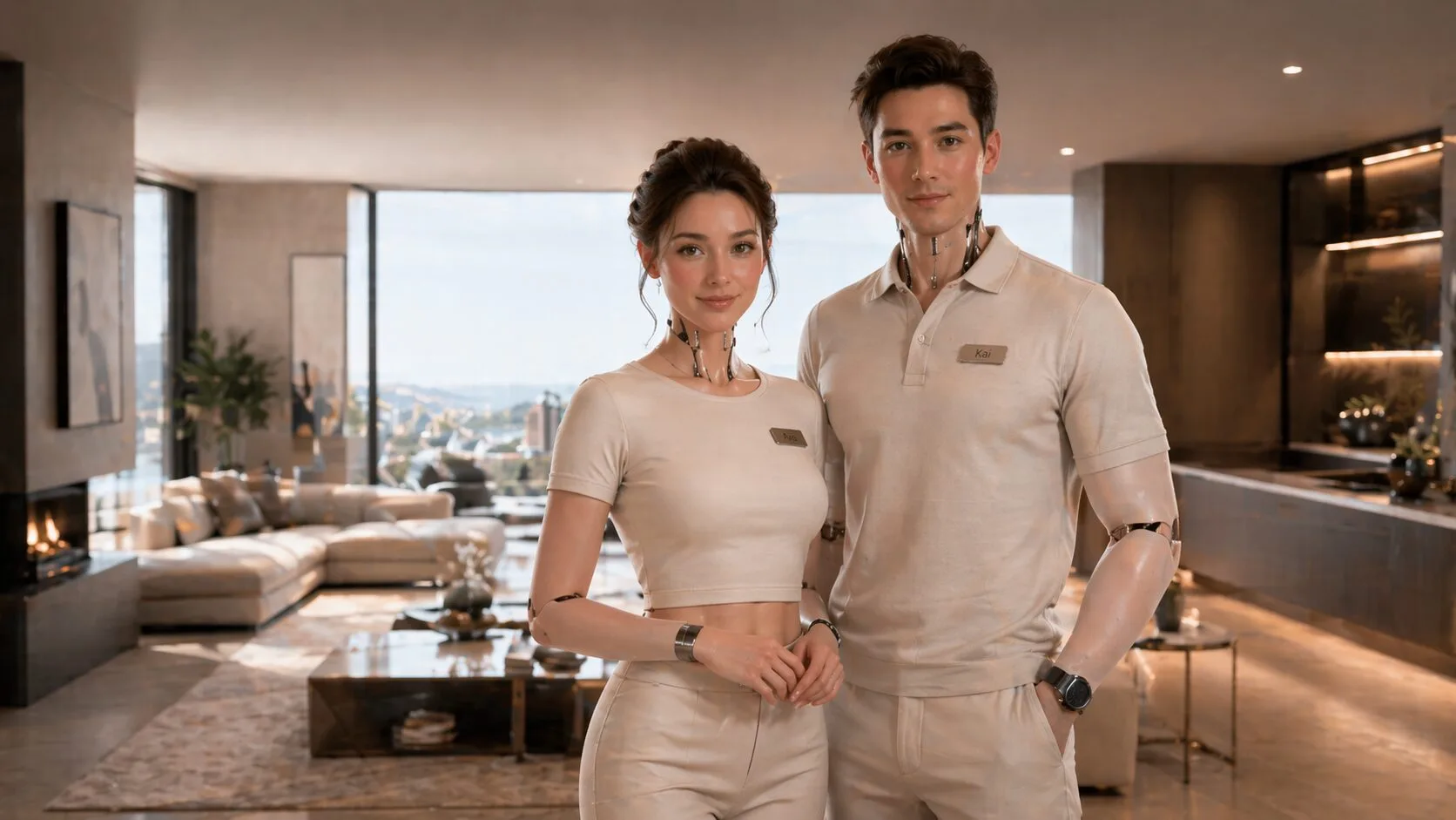 Robot umanoide femminile e maschile in casa moderna